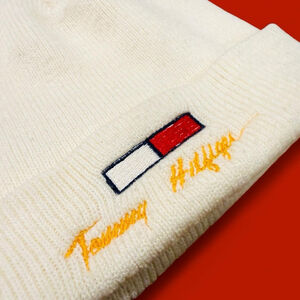 Tommy Hilfiger Beanie Hat Off White Knit Logo Winter Cap Unisex OSFA